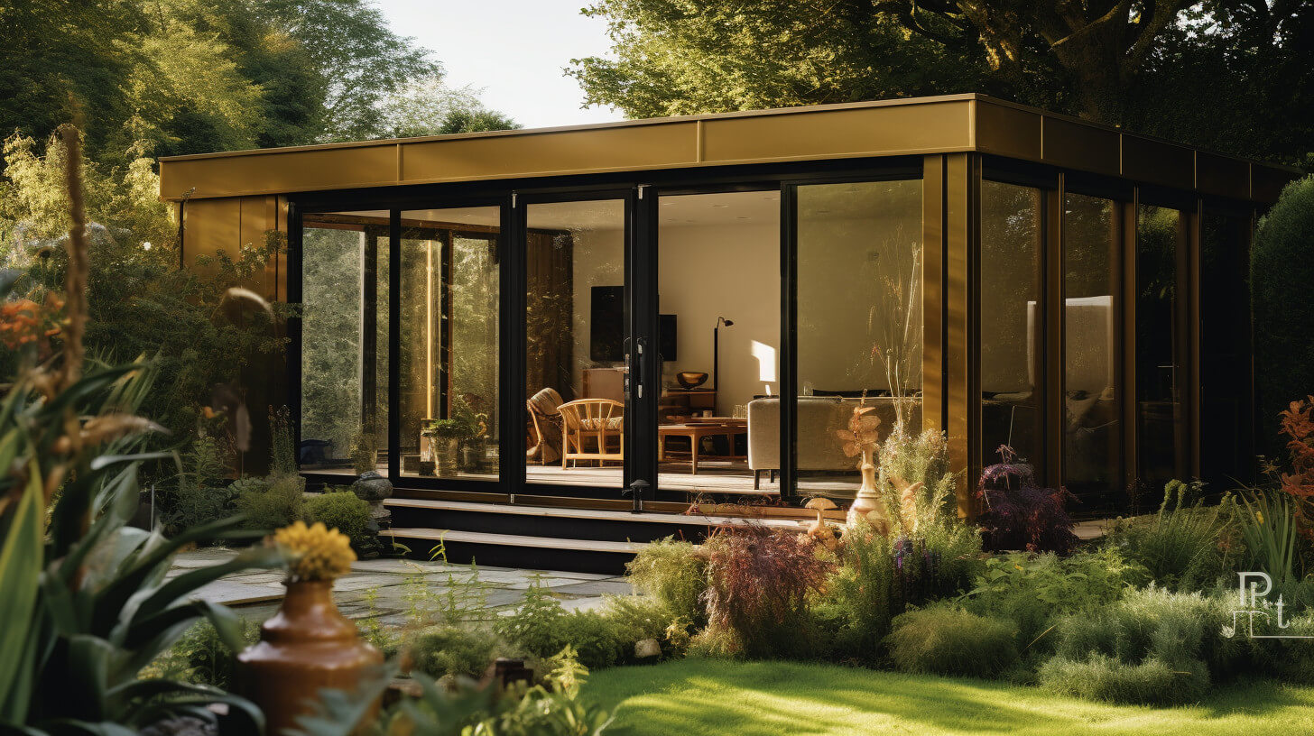 A modern glass-fronted garden annexe with a furnished living room, set among planting in a landscaped garden