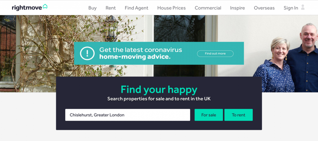 The Rightmove homepage with a location entered to search for houses in the area