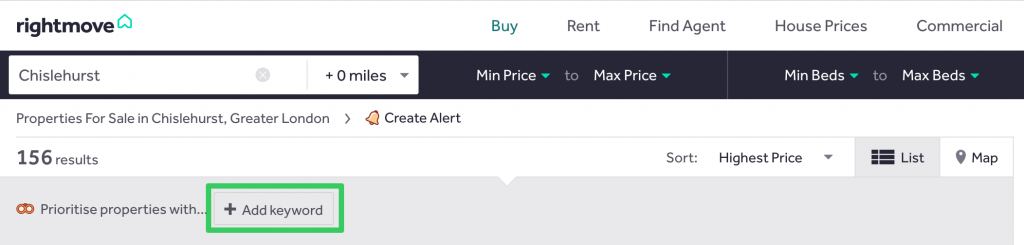 The Add keyword box on Rightmove with Granny Annex entered as the search term