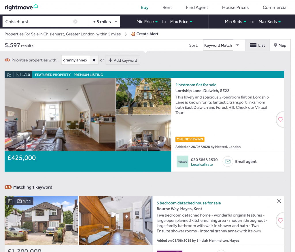 Rightmove search results reordered to bring houses with a granny annexe near the top of the list