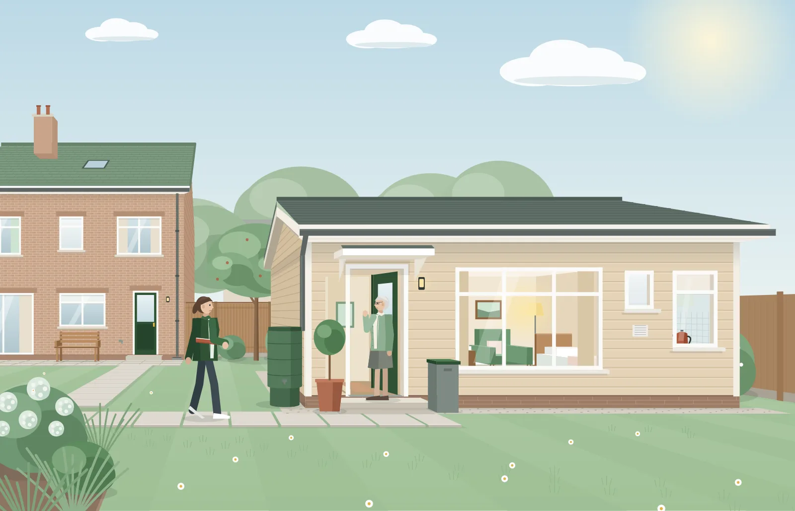 The back garden of a brick family house with a single-storey annexe on the lawn. An older woman stands at the annexe's own front door as her daughter walks up the path from the house carrying a folder of papers.