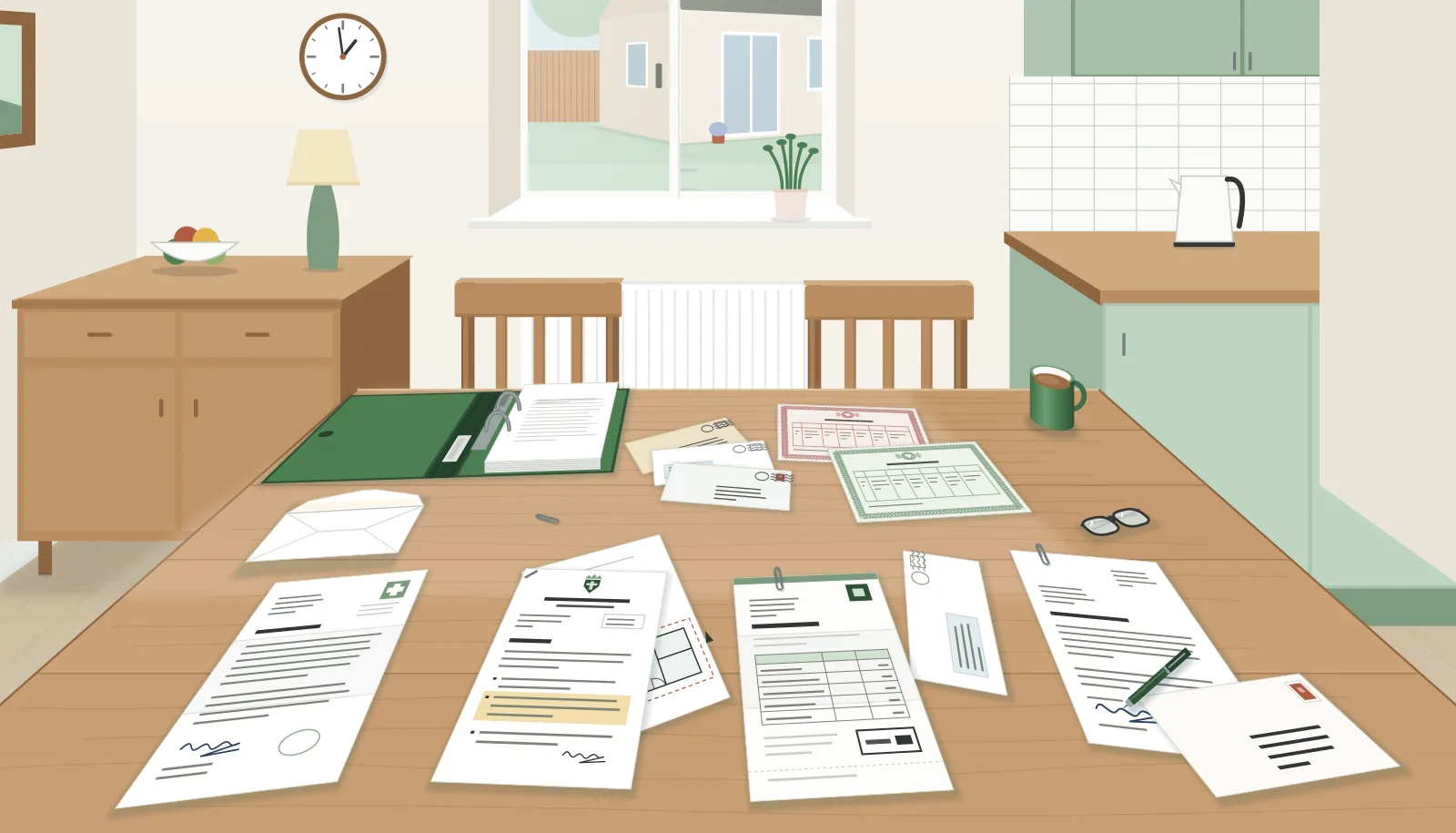 Papers laid out on a kitchen table ready to send to the council: birth and marriage certificates, a doctor's certificate, letters addressed to the parent, a planning decision notice with a plan of the annexe, the annexe's council tax bill, and a signed letter beside an envelope.