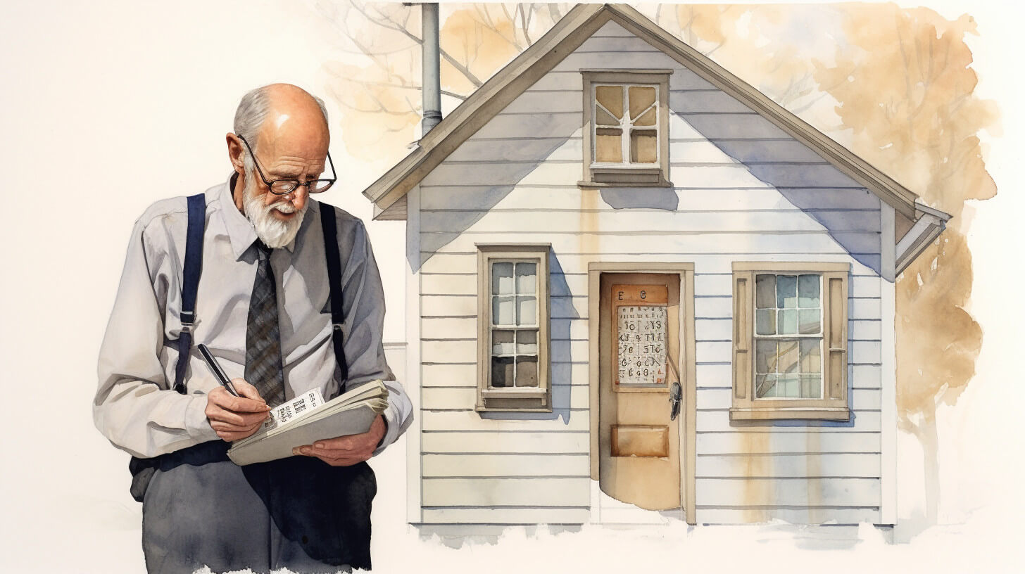 An older man in braces writing notes on a clipboard outside a small annexe with its own front door and windows
