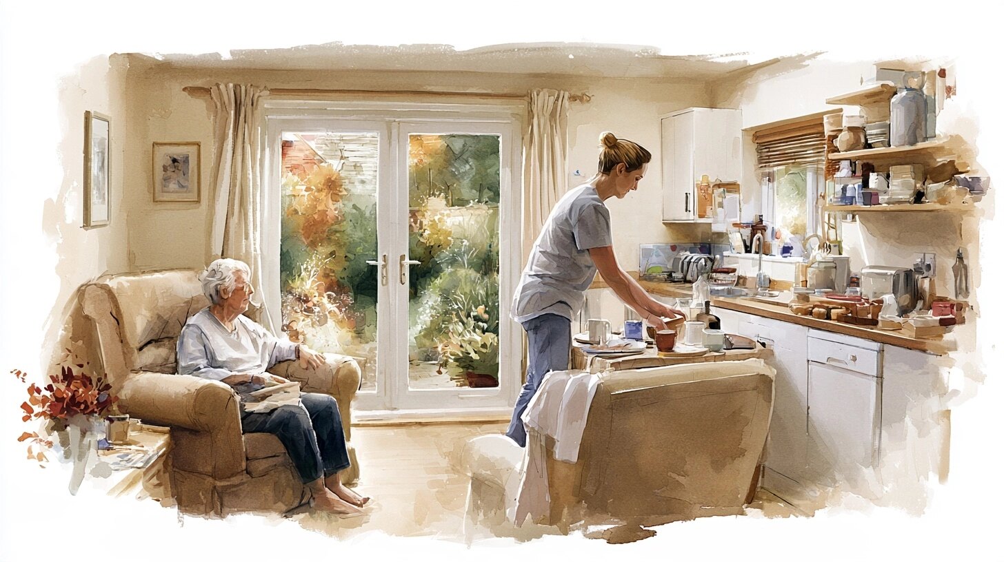 An older woman sits in her annexe sitting room while a live-in carer works in the kitchen
