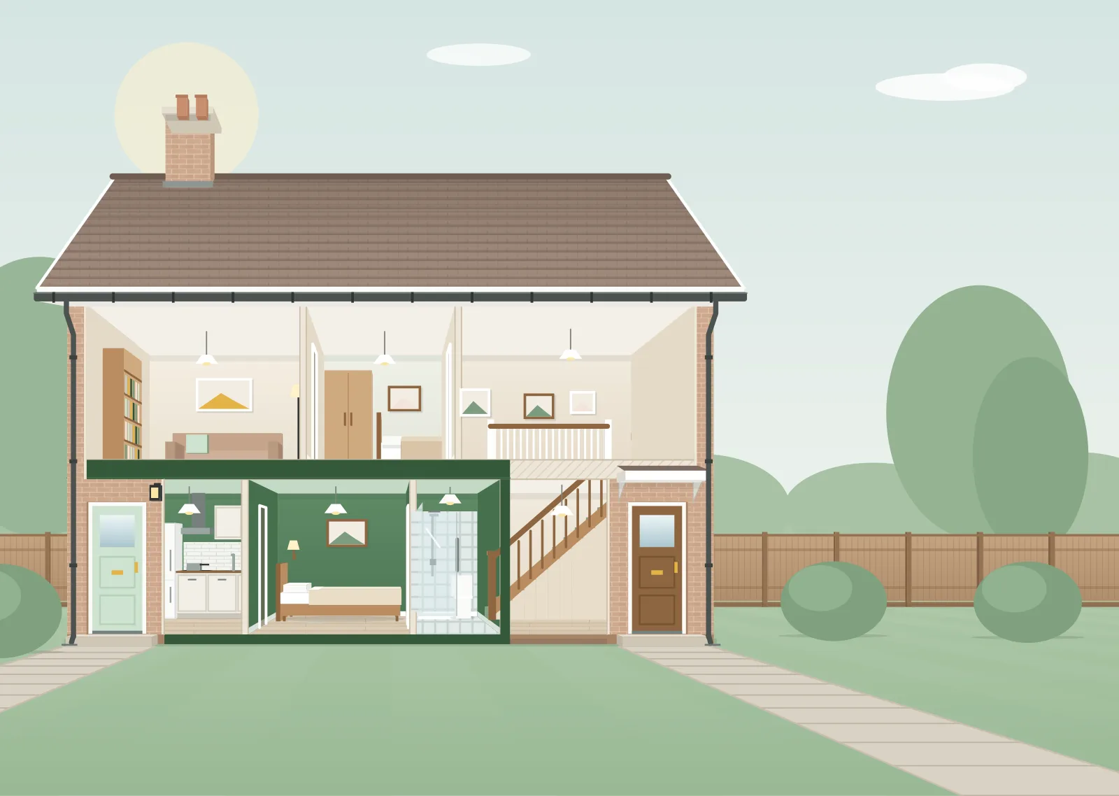 A cutaway of a two-storey house where the ground floor at one end has become an annexe with its own front door, kitchen, bedroom and shower room, beside the family's own hallway and stairs