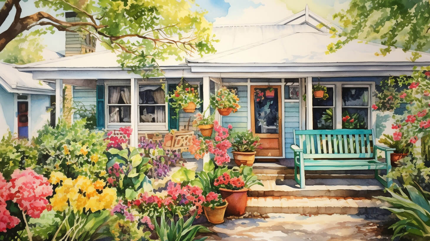 A small self-contained annexe with its own front door, a porch bench and a garden in bloom
