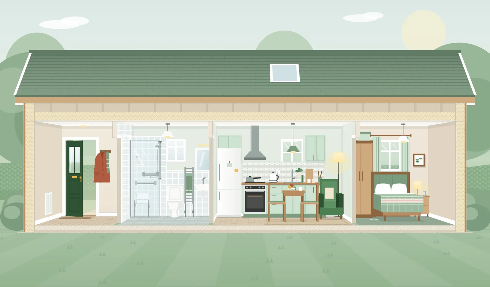A cutaway of a one-storey garden annexe with its own front door and coat hooks, a shower room, a kitchen with a small table and an armchair, and a bedroom