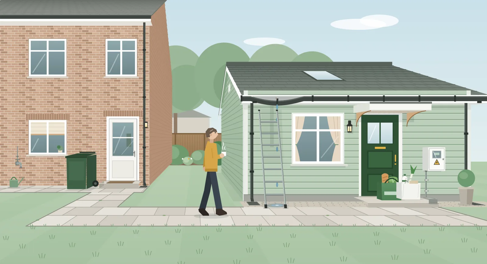 A daughter walks along the path from the family house to her parent's garden annexe with a mug of tea, past shopping left at the annexe door, a ladder against its gutter and its own electricity meter
