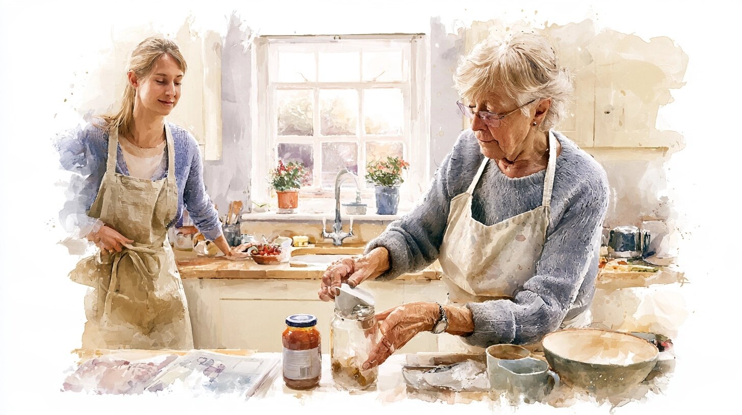 An elderly woman opening a jar with a jar opener at the counter, a carer nearby, in a kitchen