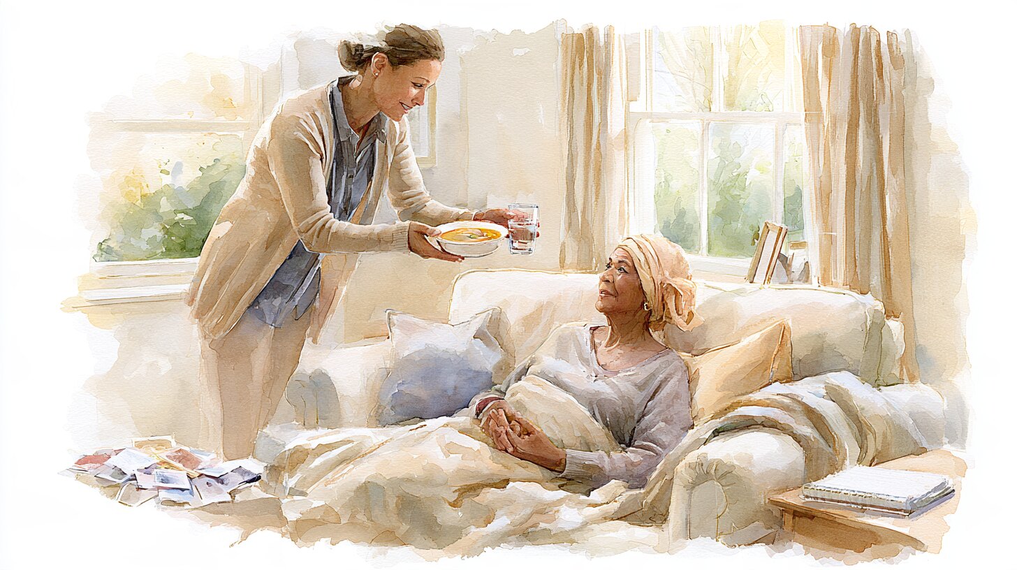 A woman in a headscarf resting on her sofa under a blanket while a carer brings her a bowl of soup