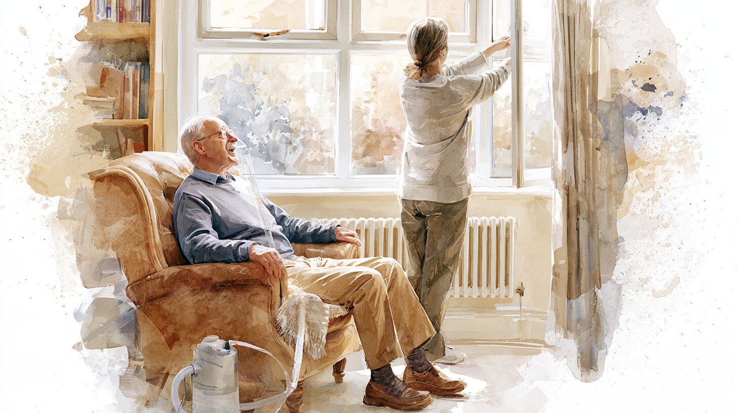 An older man in his armchair with an oxygen machine on the floor beside him while a carer opens the window