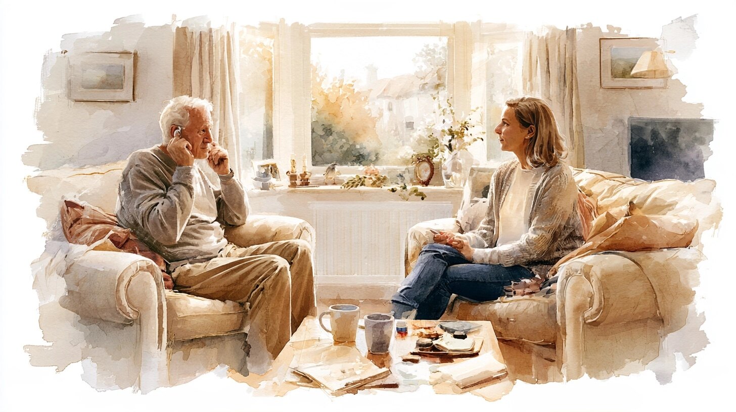 An elderly man adjusting his hearing aid while his daughter talks to him face to face, a television off in the corner, in a sitting room