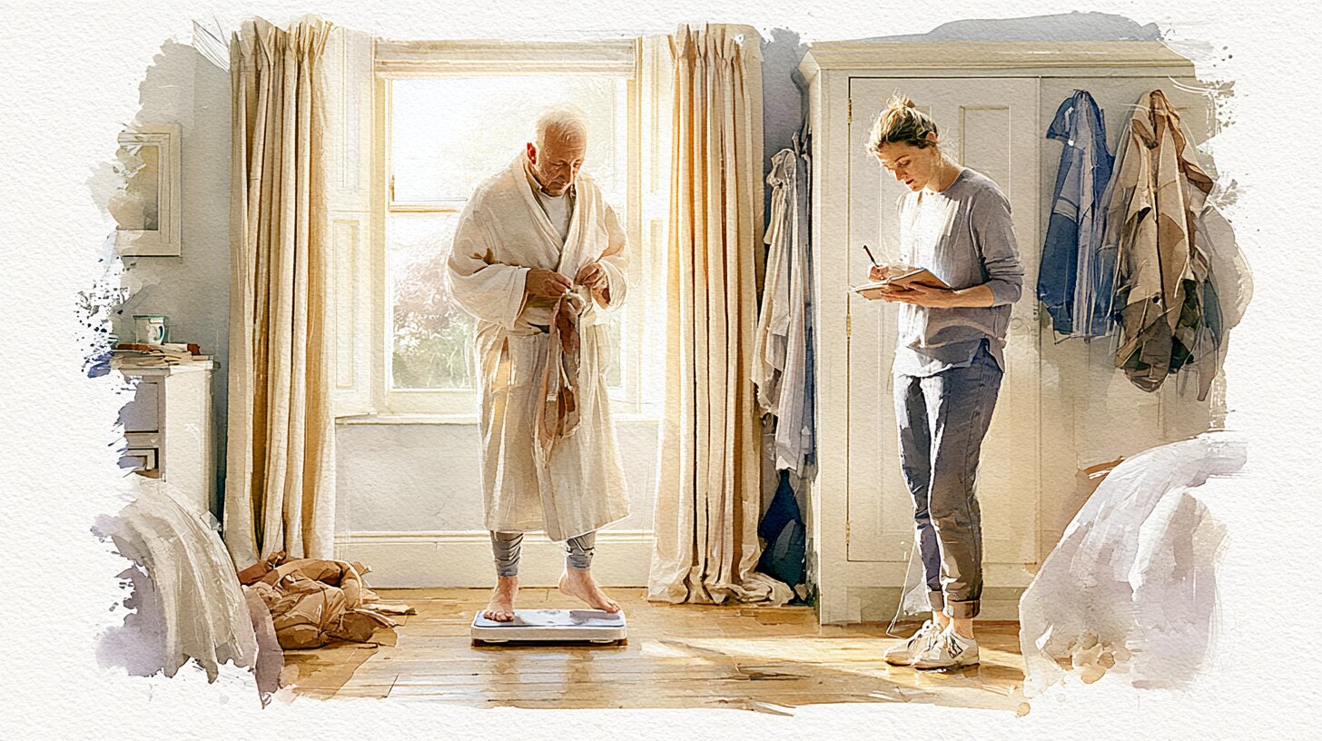 An older man in his dressing gown stepping onto the scales in the morning while a carer writes the reading in a notebook