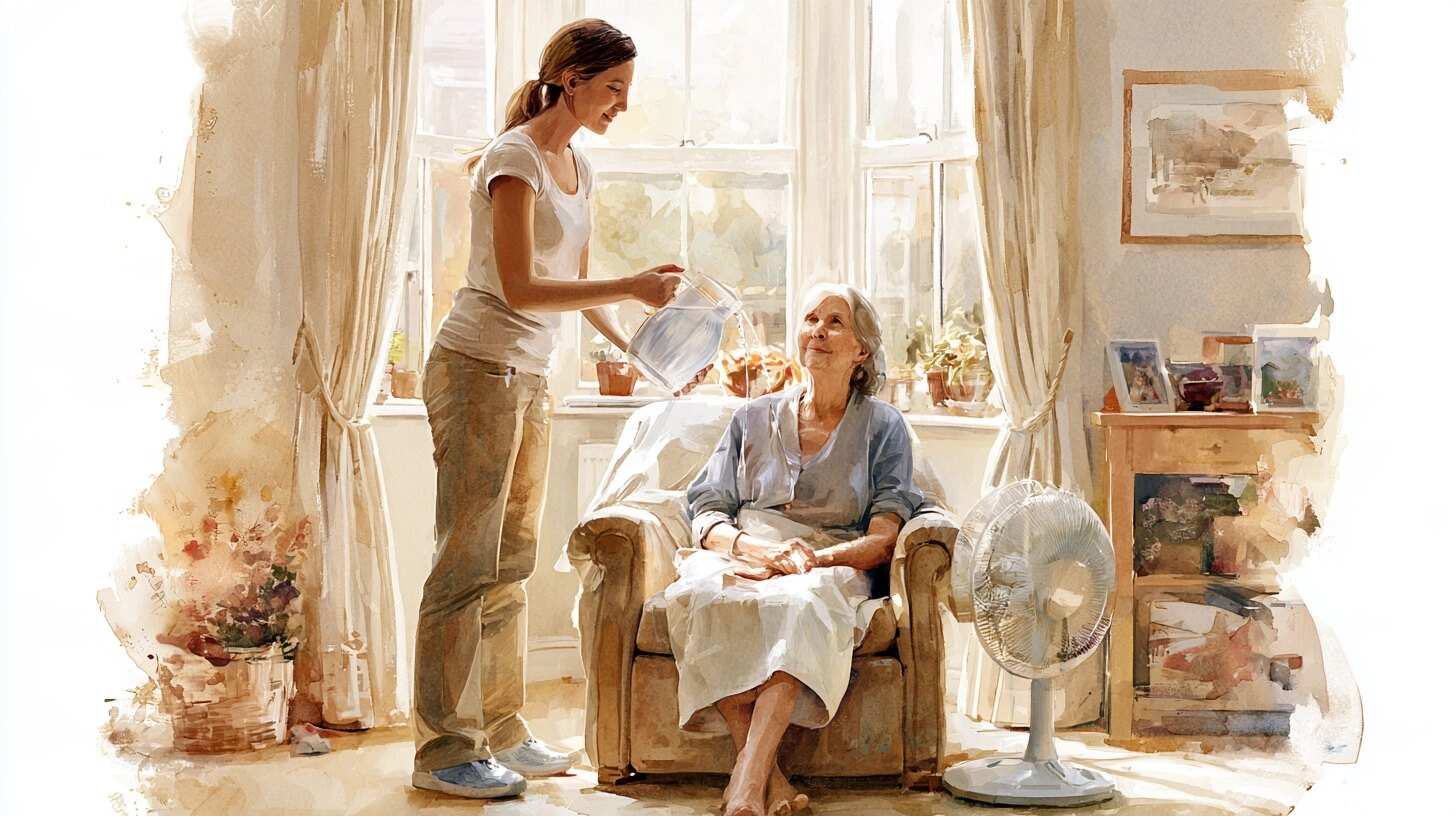 A carer bringing a jug of water to an elderly woman with a fan beside her, in a sunny living room with the curtains half drawn