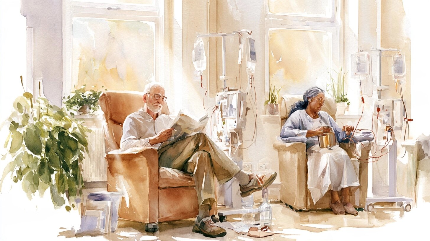 An elderly man in a reclining chair reading, his wife sitting beside him with a flask, in a hospital dialysis unit