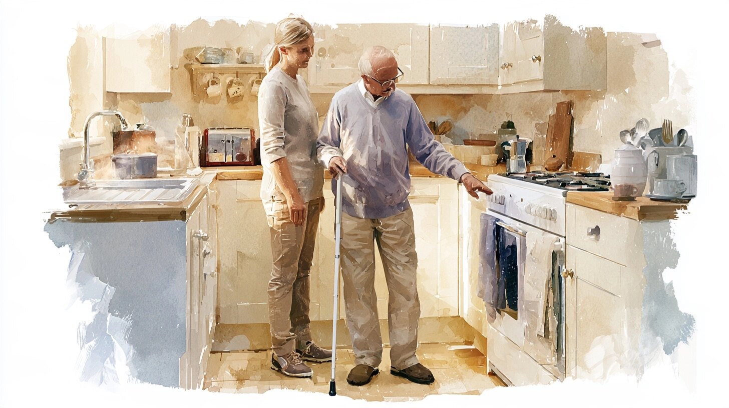 An elderly man with a white cane feeling for a tactile marker on his cooker, a carer beside him, in a kitchen
