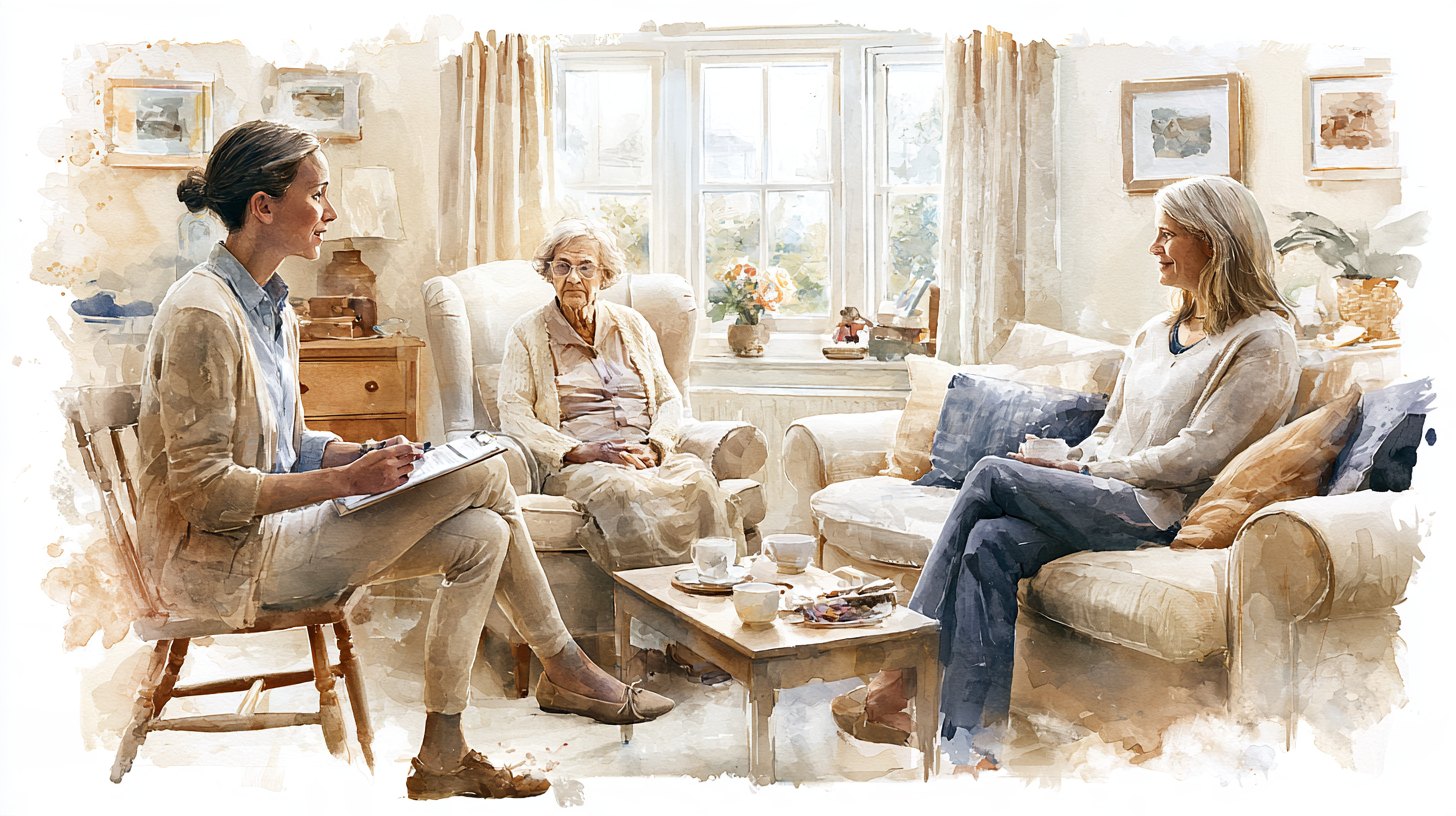 A council social worker with a clipboard sitting in an elderly woman's living room, the woman in her armchair and her daughter on the sofa