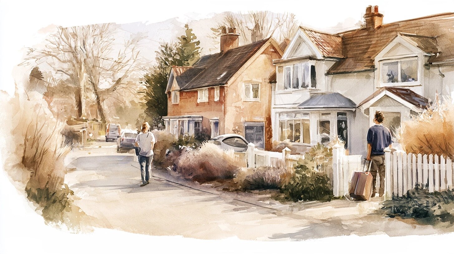 A carer arriving at one house and another carer with a suitcase at the house next door, on a village street