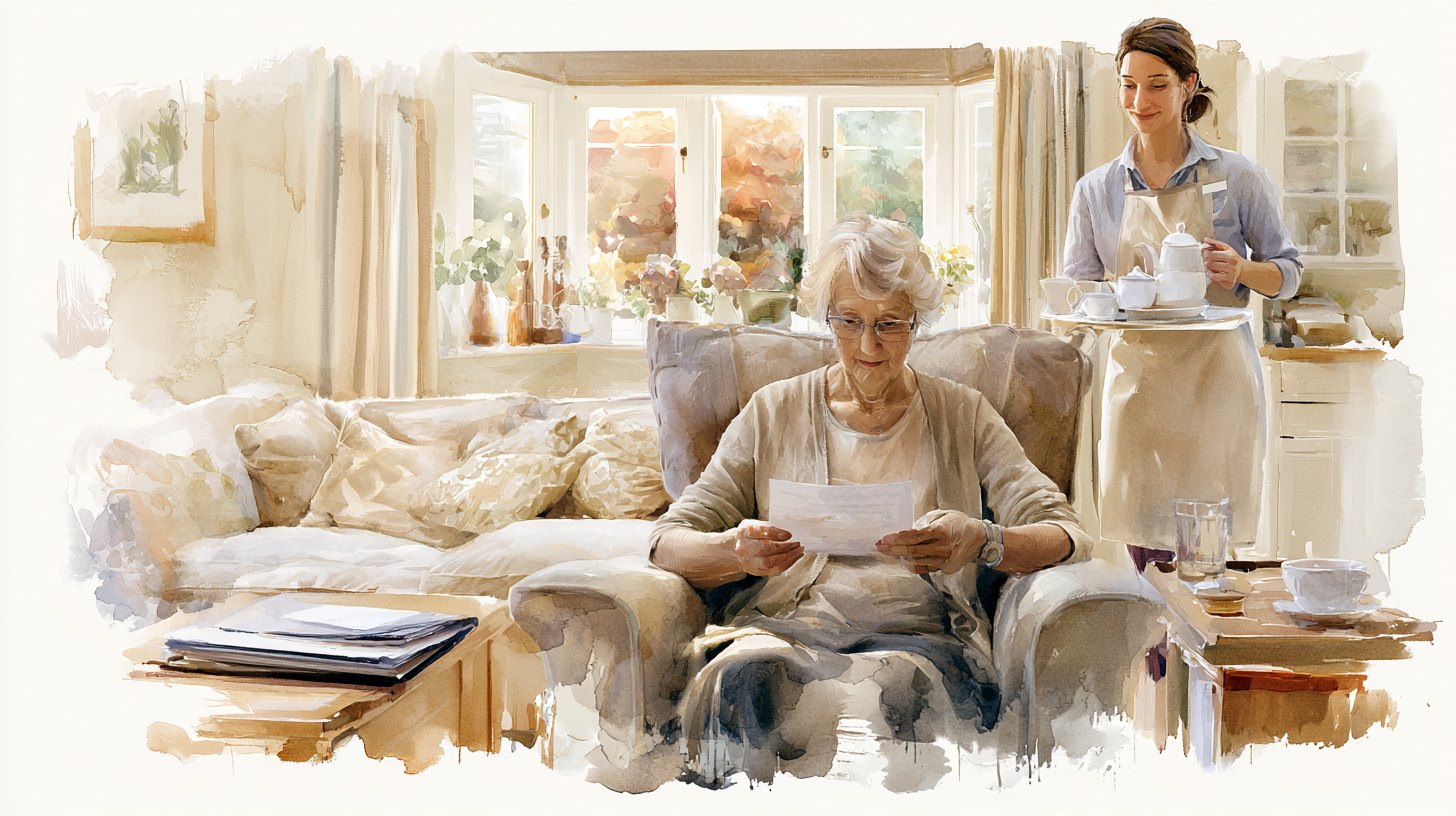 An elderly woman in her armchair reading a letter with her glasses on, a carer bringing in a cup of tea