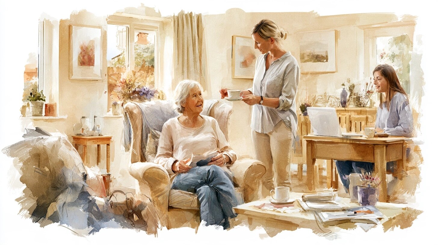 A carer bringing an elderly woman a cup of tea in her living room while her daughter works on a laptop at the table