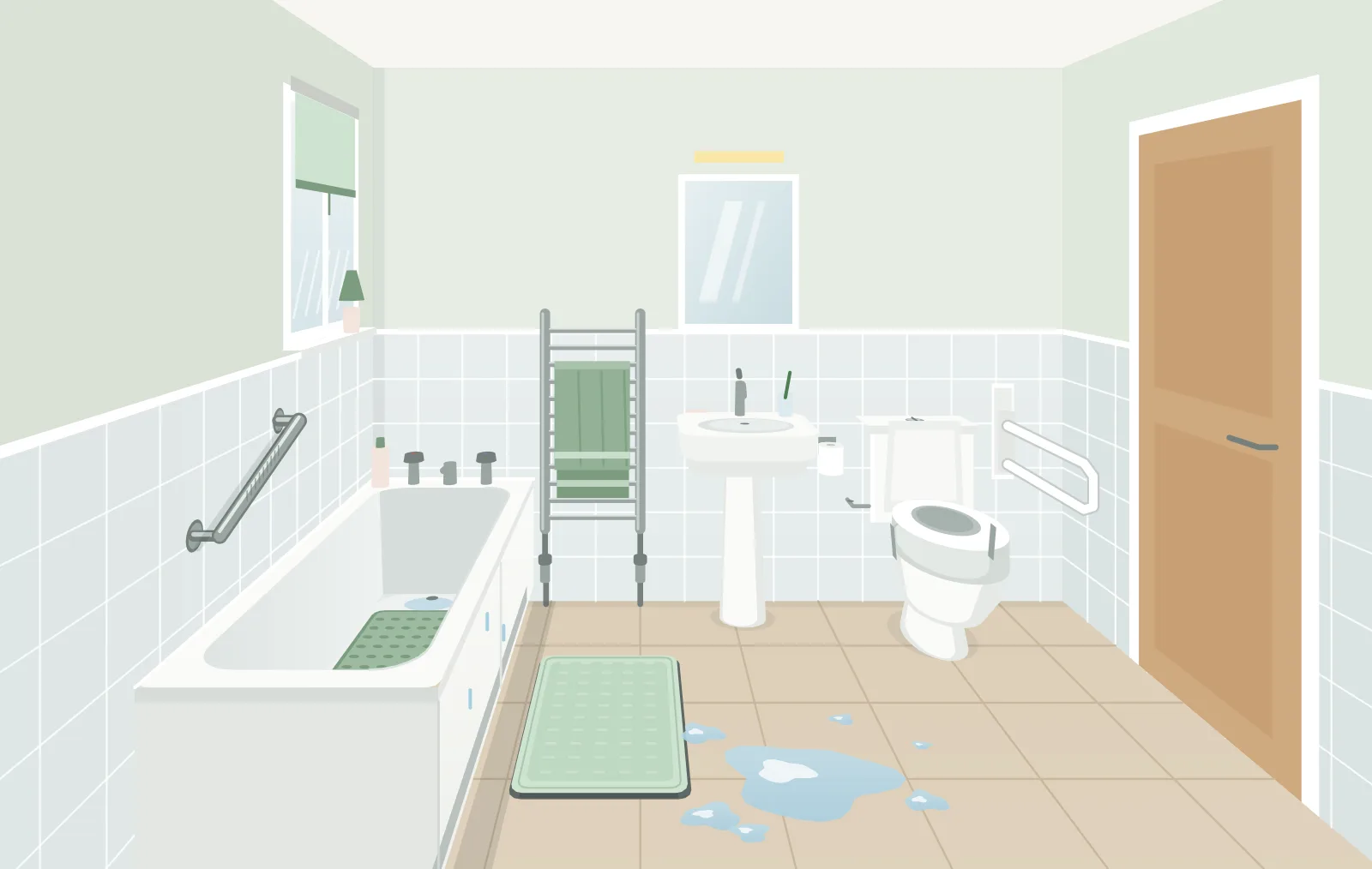 A drawing of a bathroom with a grab rail on the wall beside the bath, a non-slip mat inside the bath and another on the floor, a towel rail, a raised toilet seat with a fold-down rail beside it, and a puddle of water on the tiled floor.