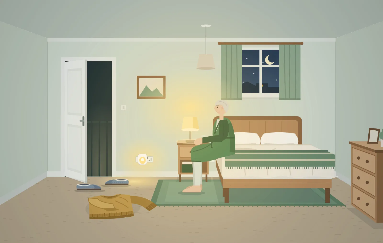 A drawing of a bedroom at night: an older person sits on the edge of the bed with their feet flat on the floor and the bedside lamp switched on, a plug-in night light glows low on the wall, and slippers and a jumper lie on the floor between the bed and the open door.