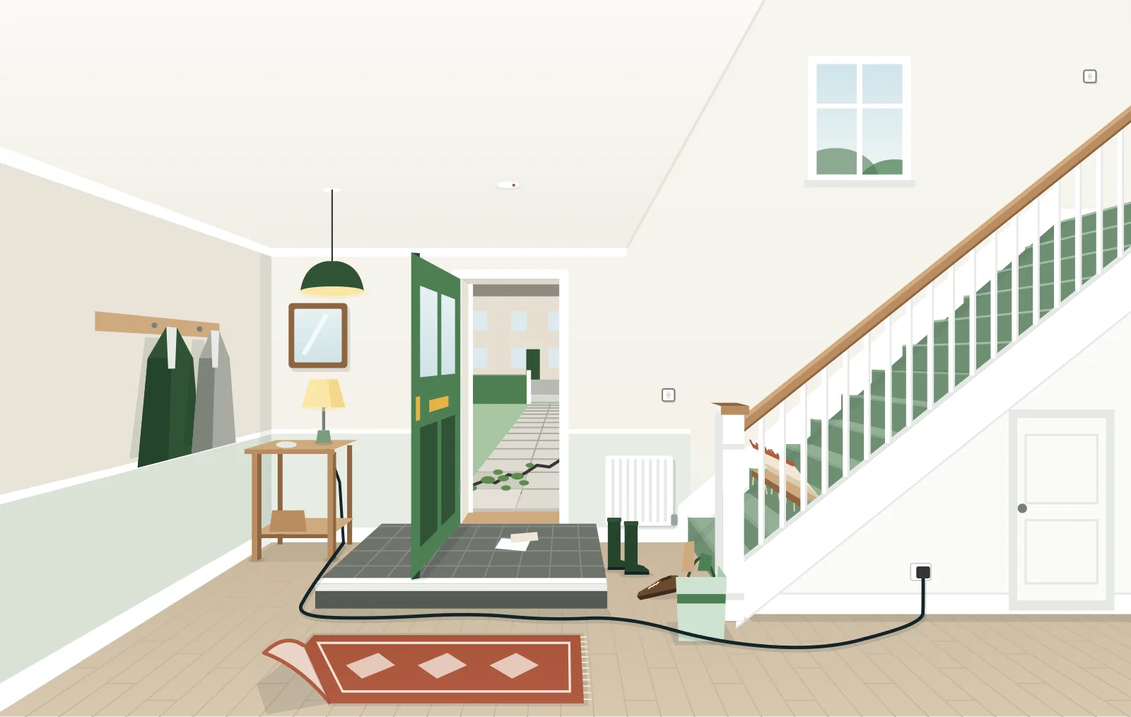 A drawing of a front hallway: a rug with a curled corner, a lamp cable trailing across the floor to a socket by the stairs, boots, shoes and post left by the open front door, a raised step at the doorway, a cracked path outside, and a staircase with a handrail on one side.