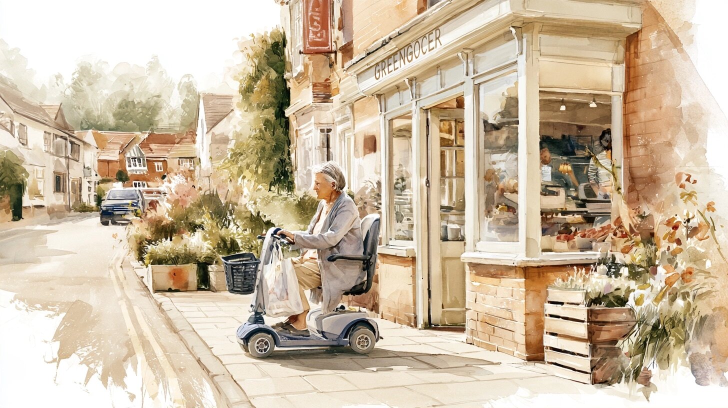 An older woman on a mobility scooter outside a greengrocer on a village high street
