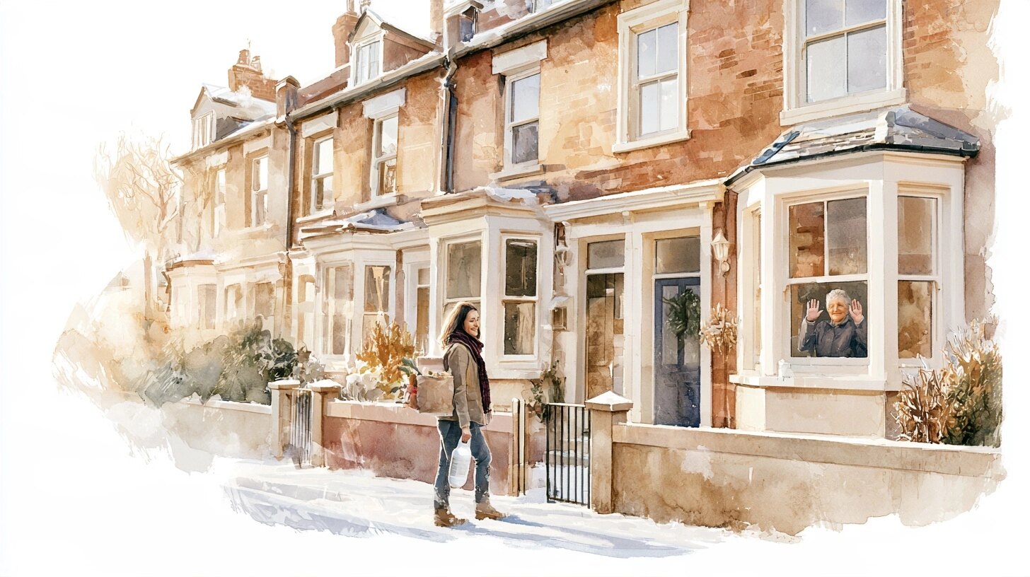 A carer carrying shopping and a hot water bottle to the door of an elderly woman waving from the window, on a snowy terraced street