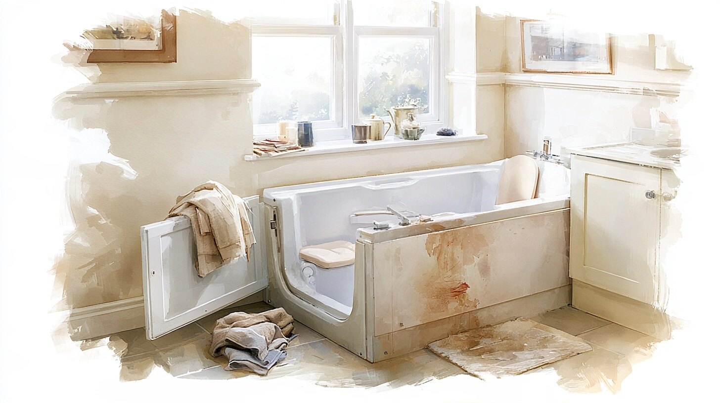 A bathroom with a walk-in bath, its side door open to show the built-in seat