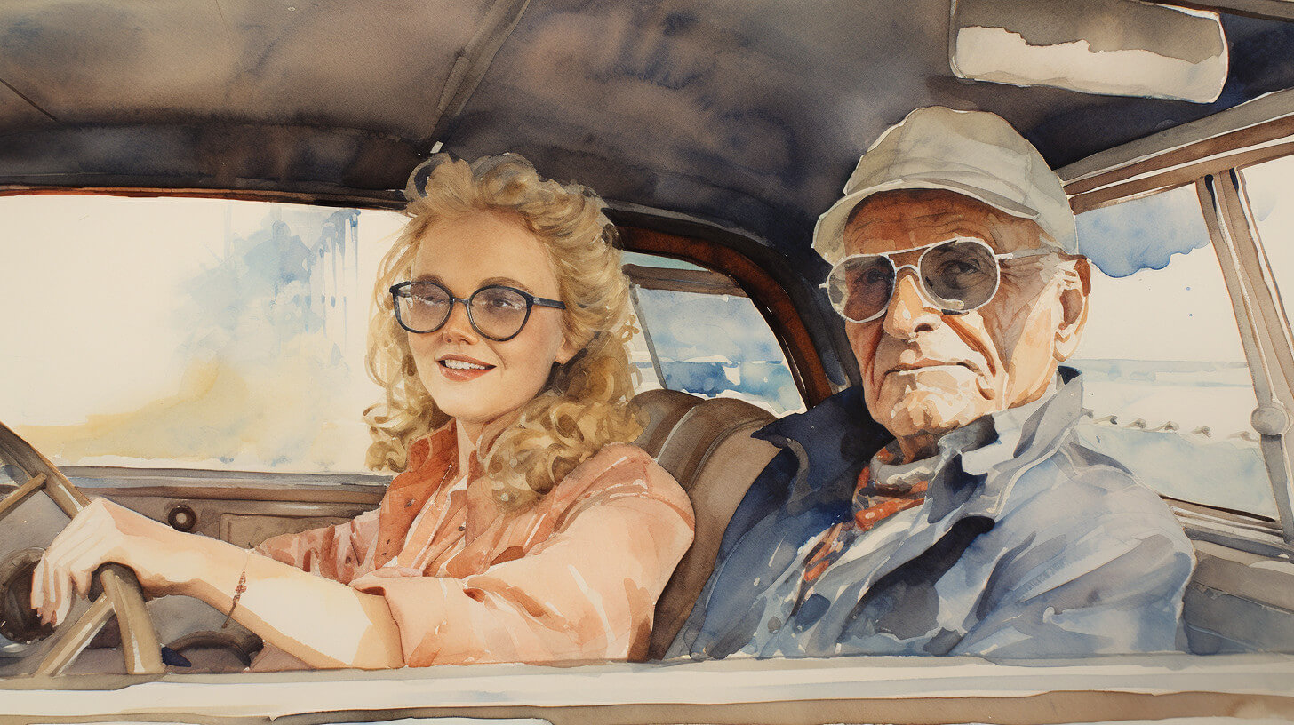 A carer driving an older man in a car, both looking ahead through the windscreen