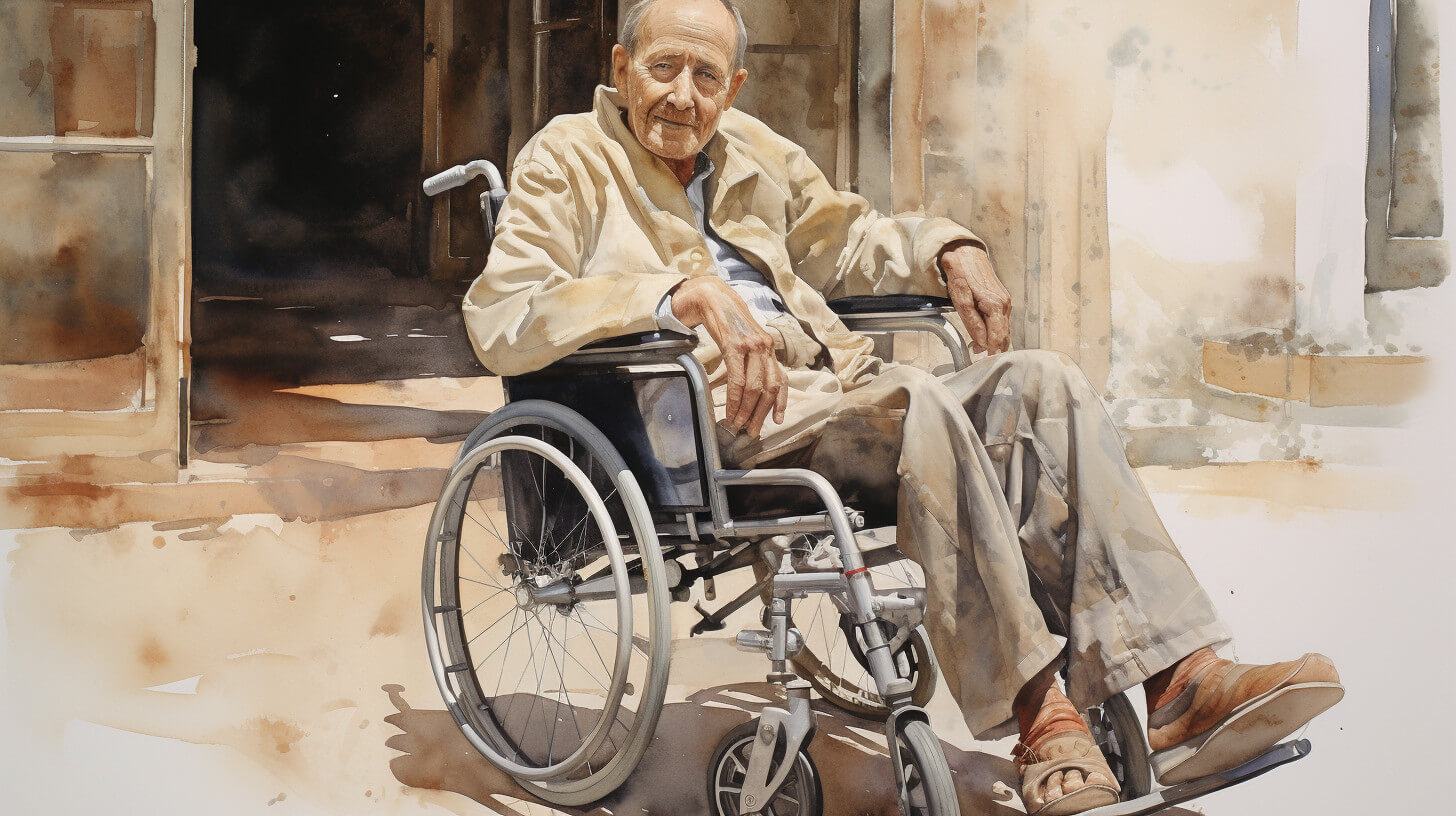 An older man in a wheelchair, sitting in the doorway of his home
