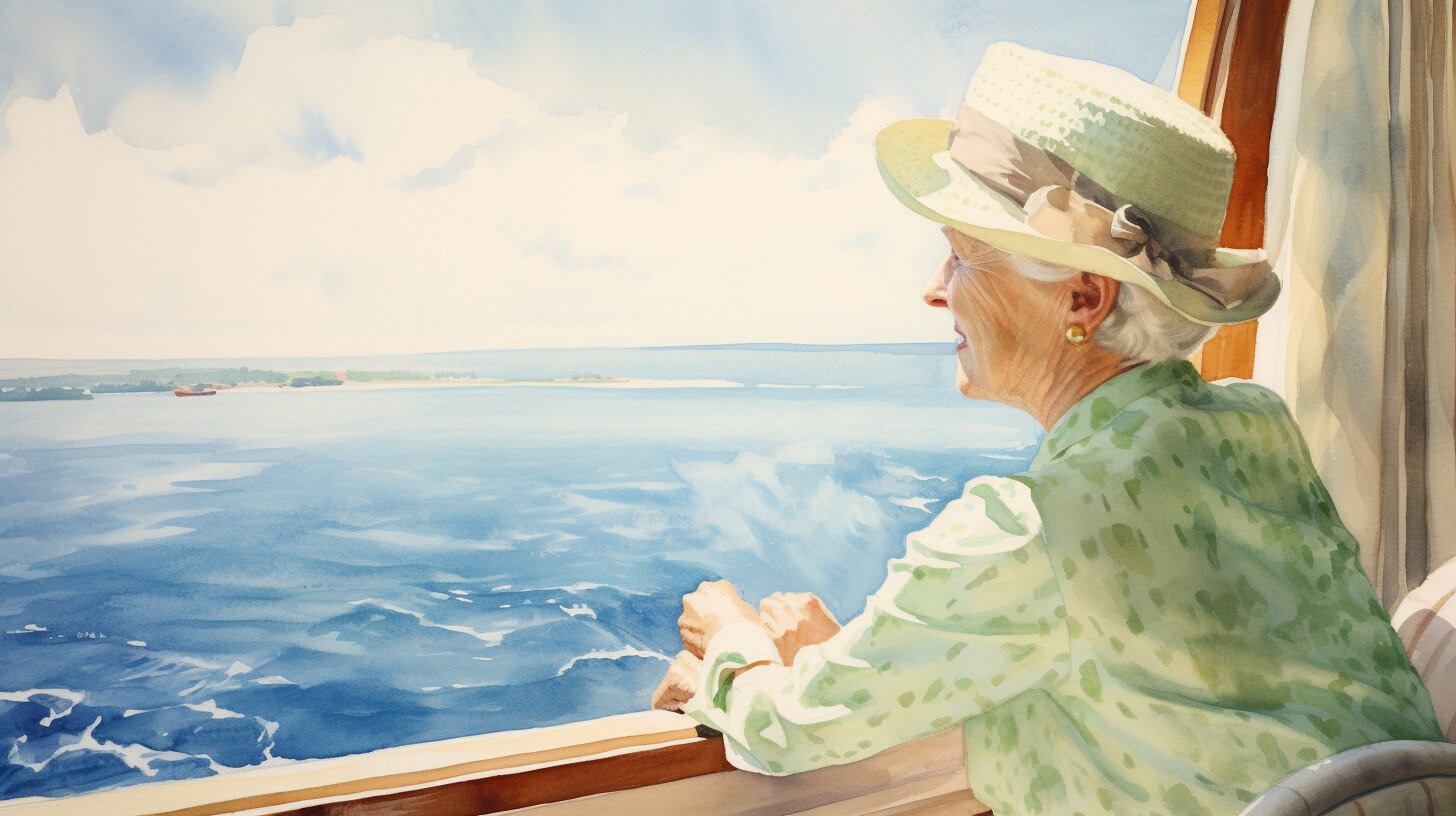 An older woman in a sun hat looking out over the sea from the deck of a ship