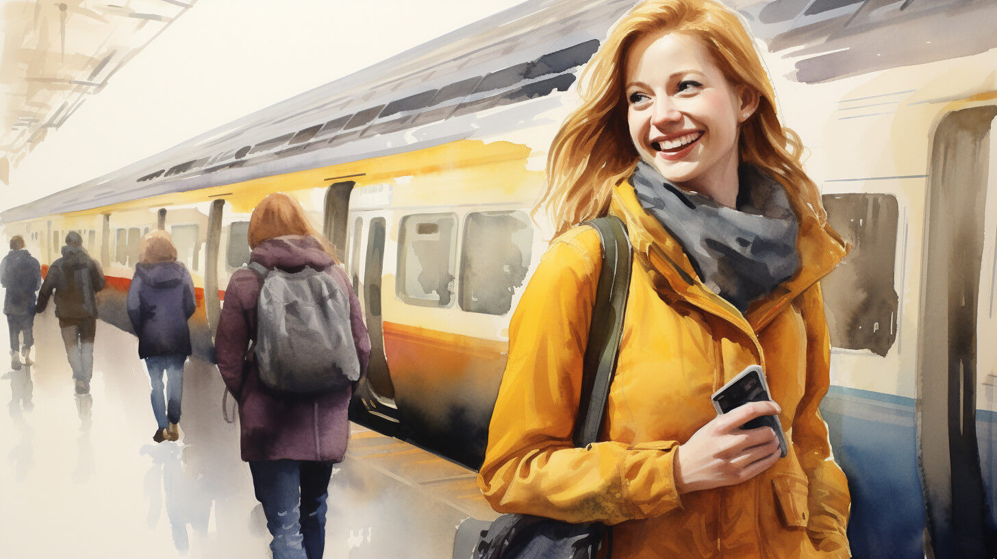 A carer smiling as she arrives at a station platform with her bag, on her way to a new placement