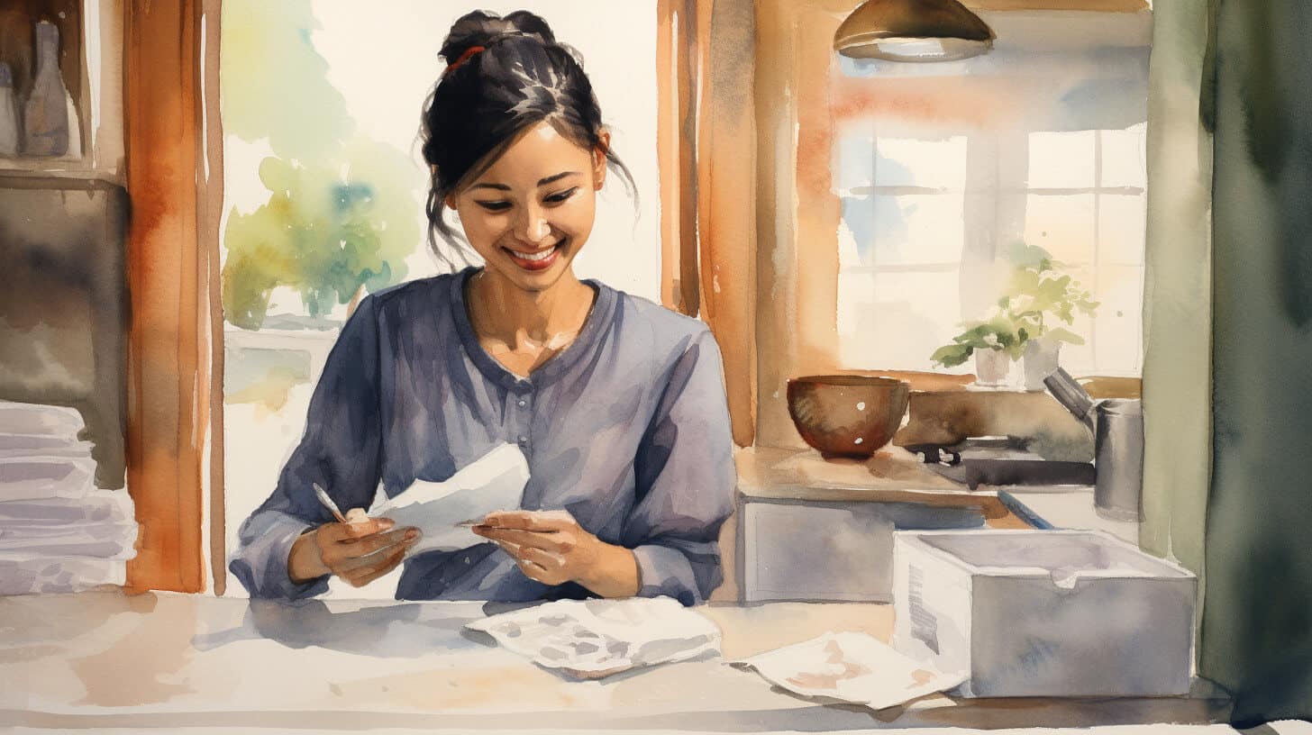 A woman smiling as she looks through paperwork at a kitchen table