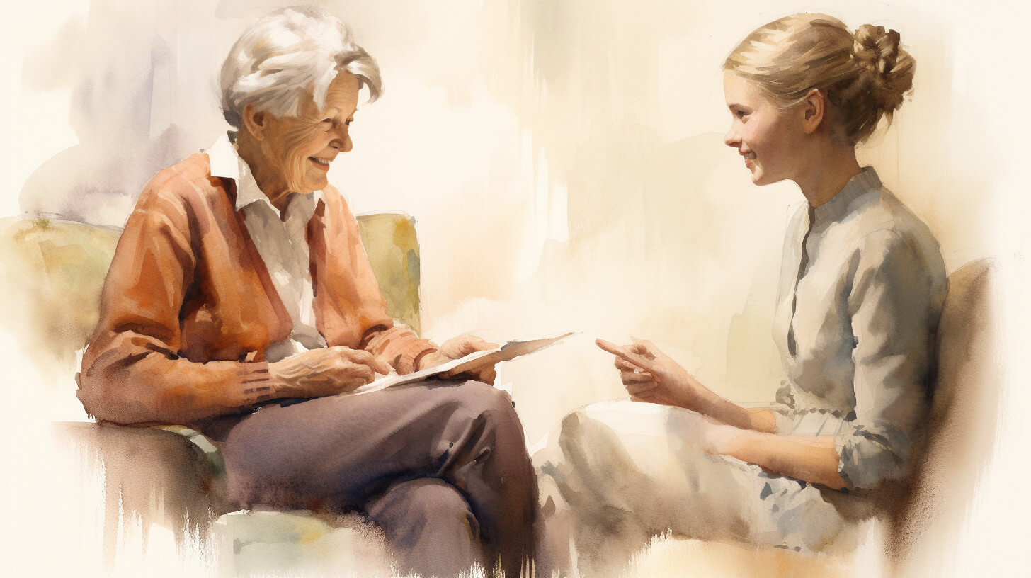 An older woman and a younger woman sitting together, smiling, looking over a document