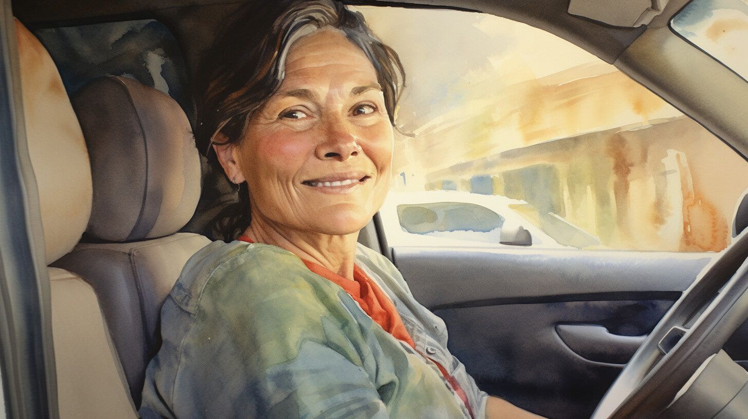 A carer smiling back from the driver's seat of her car, having just arrived on an unfamiliar street to start a new placement