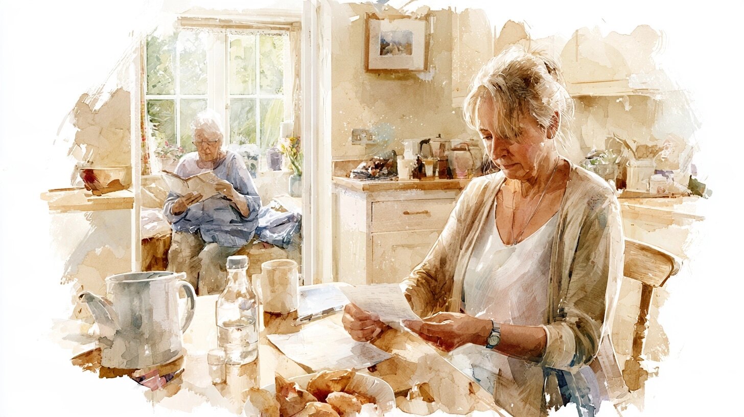 A live-in carer counting her pay slip at the table while an elderly woman reads in the next room, in a quiet country house kitchen