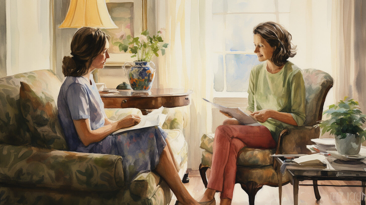 A daughter interviewing a prospective live-in carer in her father's sitting room, both holding notes