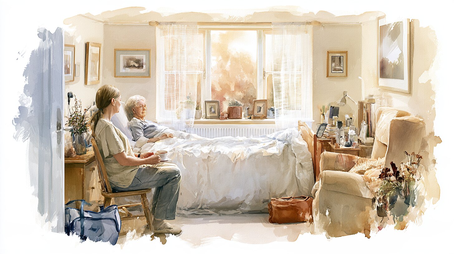 An elderly woman resting in her own bed among her own pictures while a carer sits in a chair at the bedside