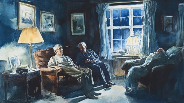 Two men sitting talking in low lamplight at night, while a third person sleeps in the dim room by the window