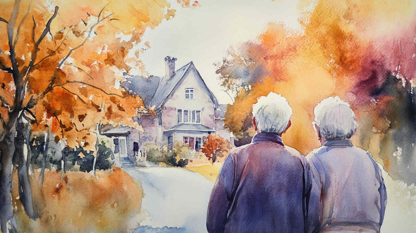 An older couple, seen from behind, walking together up a path towards a large house among autumn trees