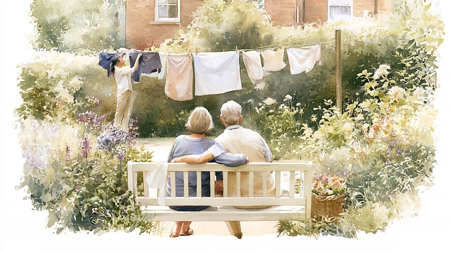 An older couple sitting close together on a bench holding hands, a live-in carer in the distance hanging washing, in a garden