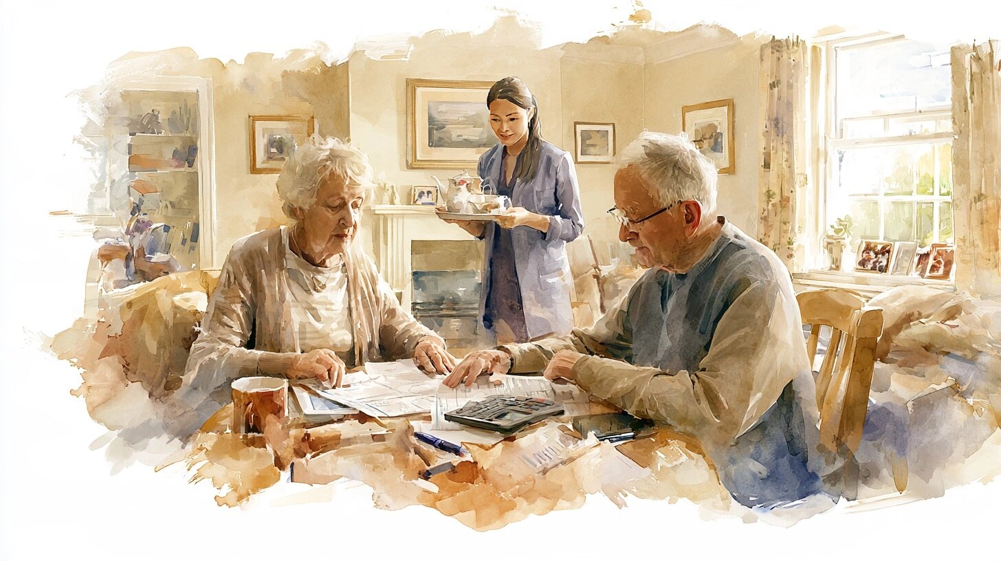 An older couple at the table going through bills and a calculator, a live-in carer bringing tea, in a living room