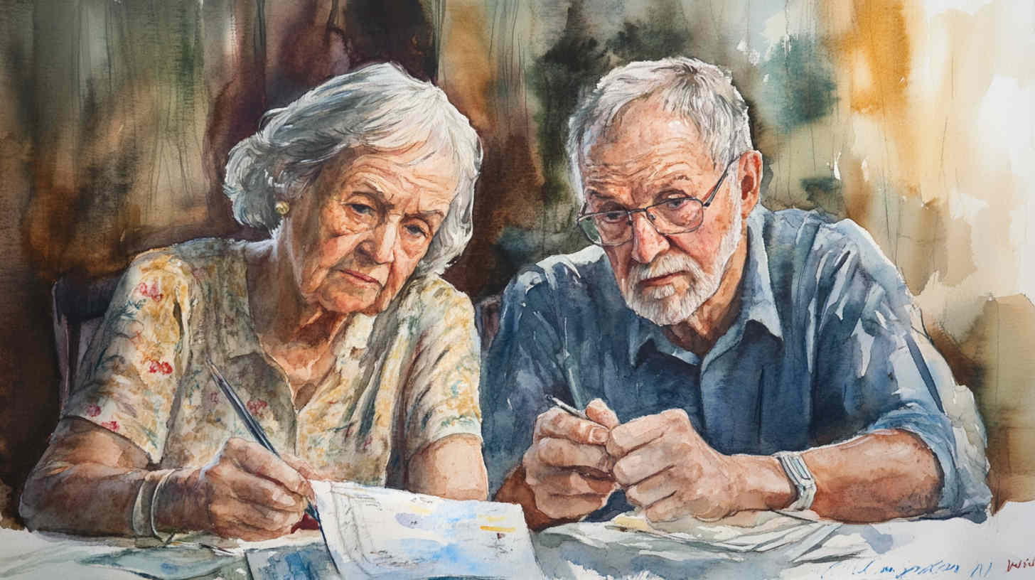 An older couple sitting together at a table, going through paperwork with pens in hand