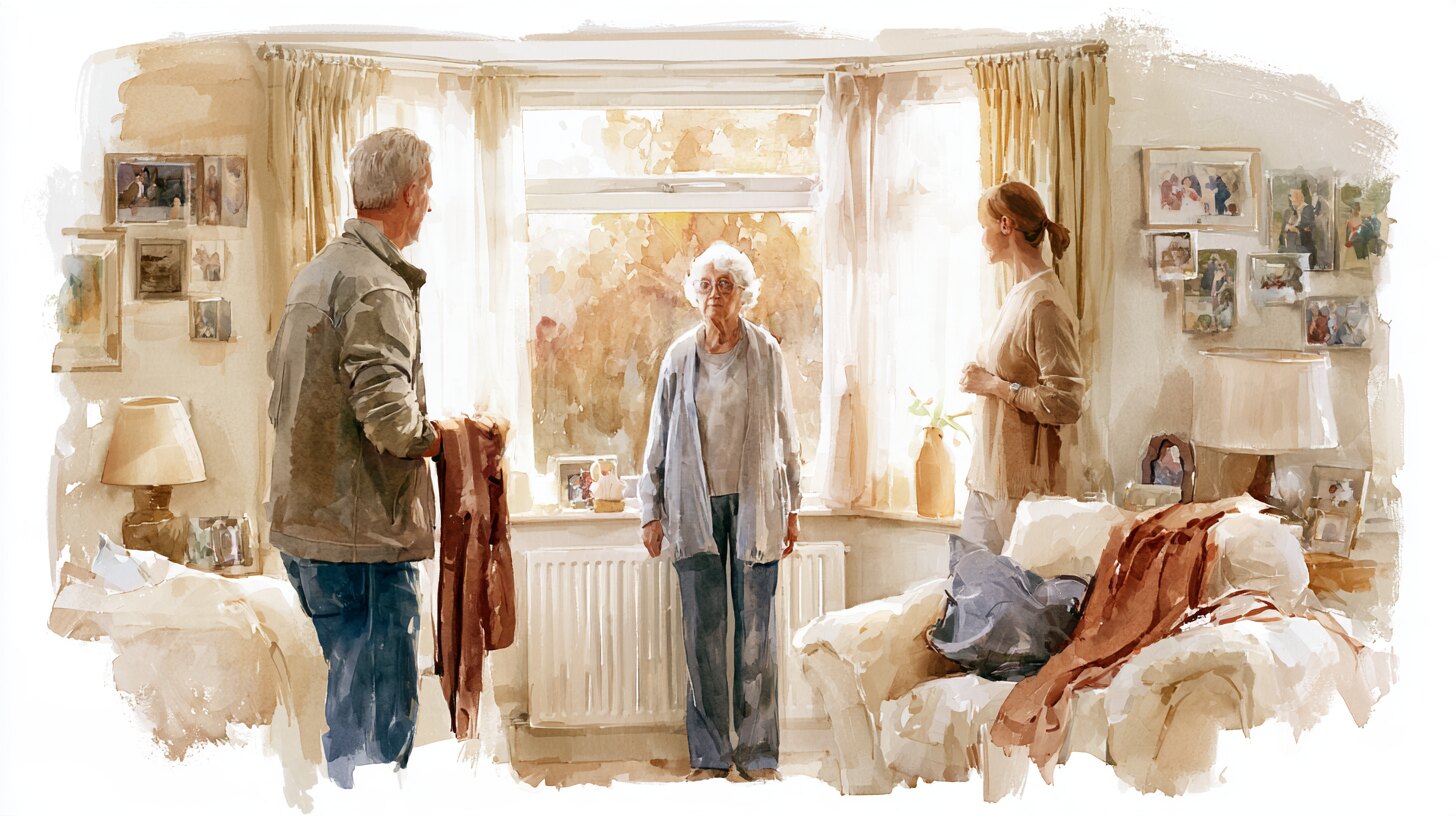 An elderly woman standing uncertainly by the window at dusk while a carer nearby holds out her cardigan, family photographs on the walls