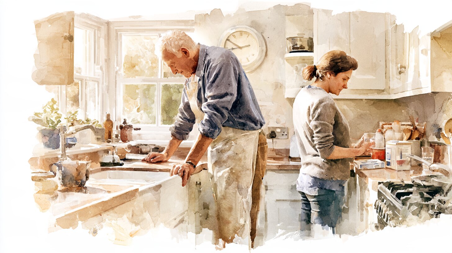 An older man steadying himself at a kitchen worktop while a carer sets out a dosette box and a glass of water beside the clock