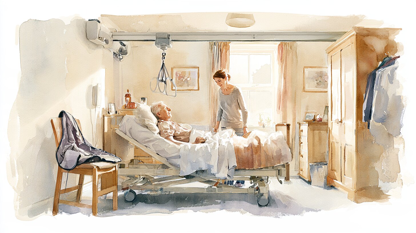 An elderly man propped on pillows in a profiling bed with a ceiling hoist track above and a sling folded on a chair, a carer at the bedside
