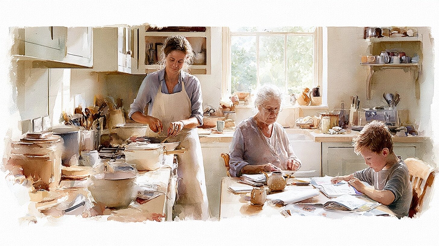A live-in carer cooking with an elderly woman while her grandson does homework at the table, in a busy family kitchen