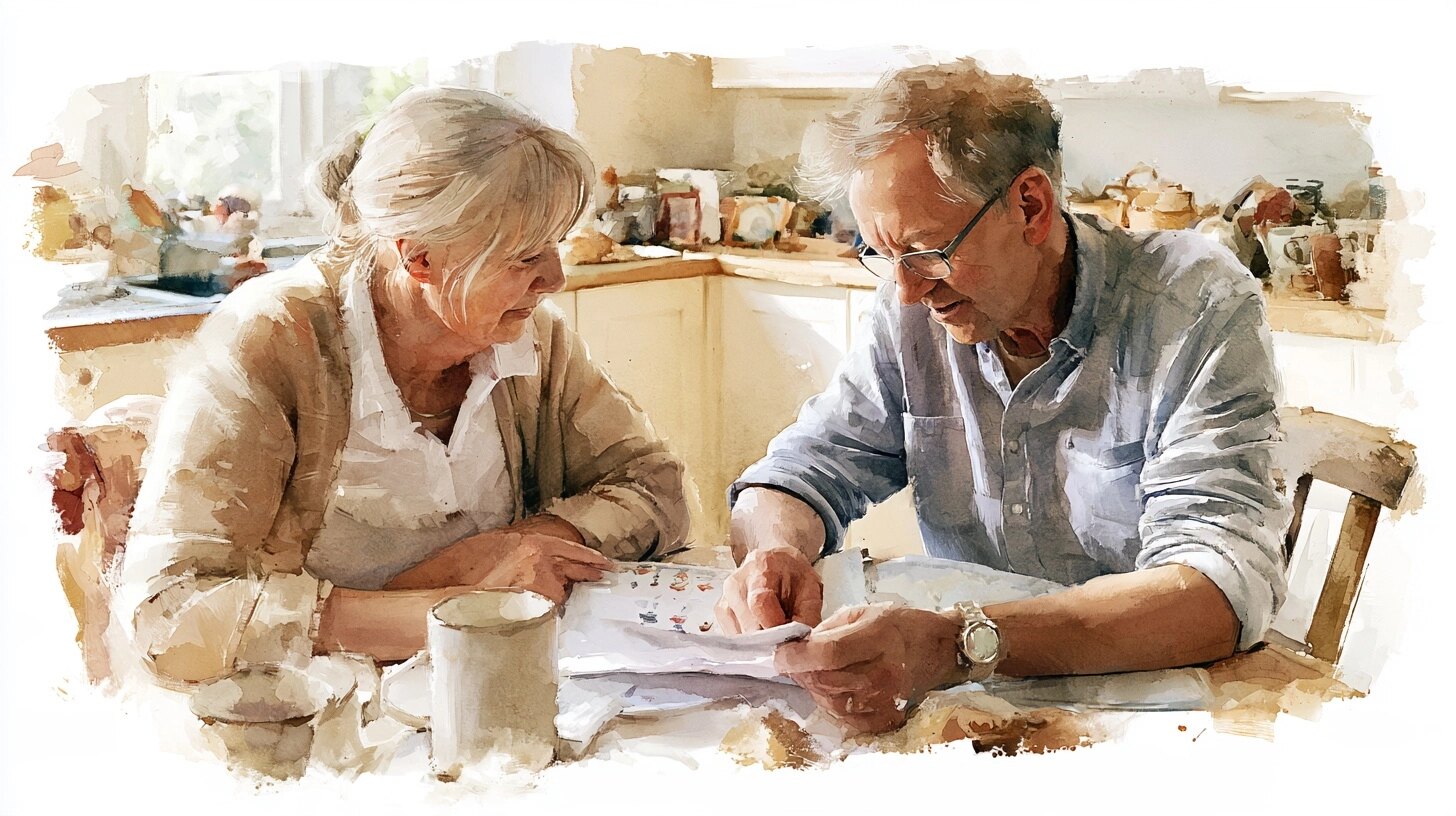 A live-in carer and a middle-aged son looking at a sheet of figures together, at a kitchen table